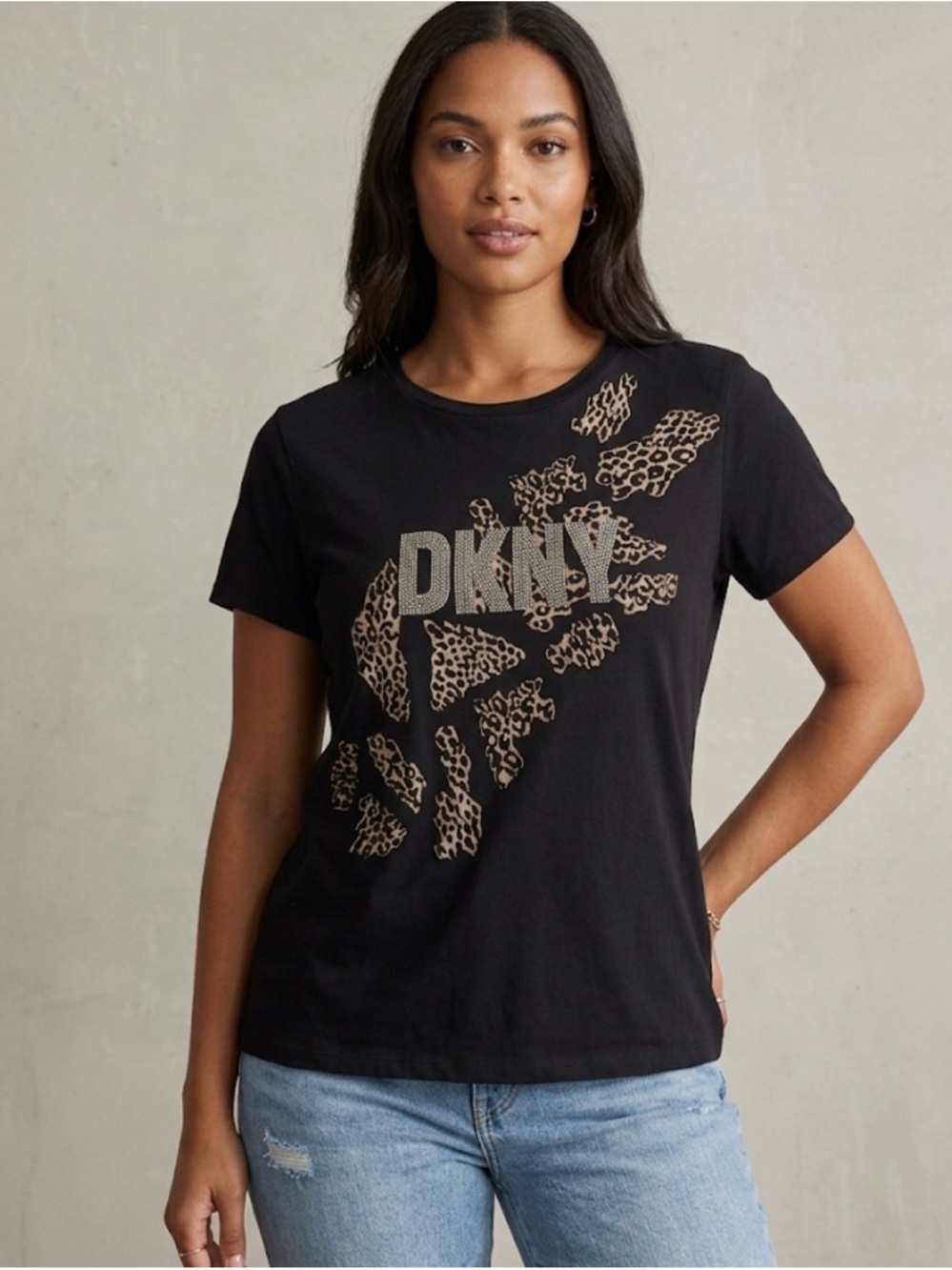 DKNY Black Leopard Graphic Tee - Rhinestone Logo Shirt Size L